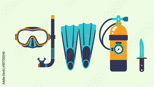 Scuba diving equipment set with mask, snorkel, flippers, tank, and knife.