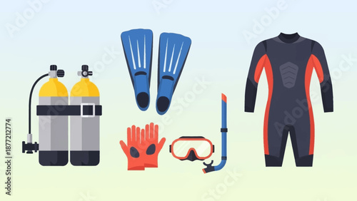 Scuba diving equipment set with wetsuit and accessories.