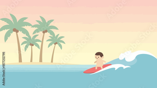 Young surfer riding a wave towards the tropical beach at sunset.