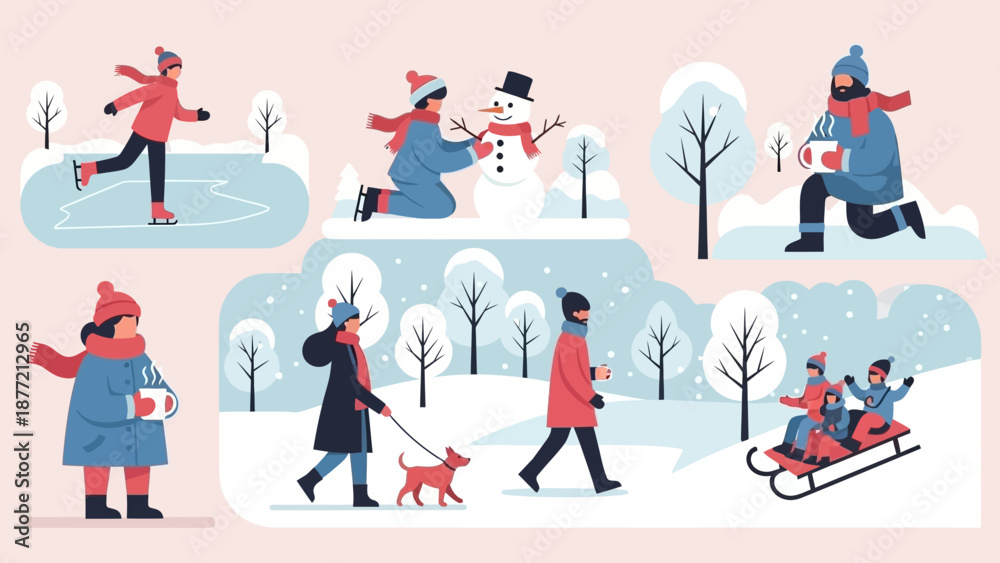 Fototapeta premium People enjoying winter activities in a snowy landscape.