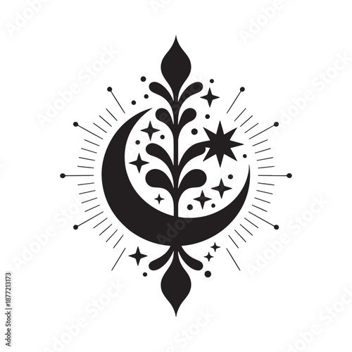 black crescent moon symbol with star and plant design elements