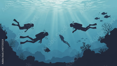 Scuba divers exploring underwater ocean landscape with coral and fish.