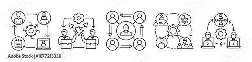 Outline icons of business processes, team collaboration, and workflow