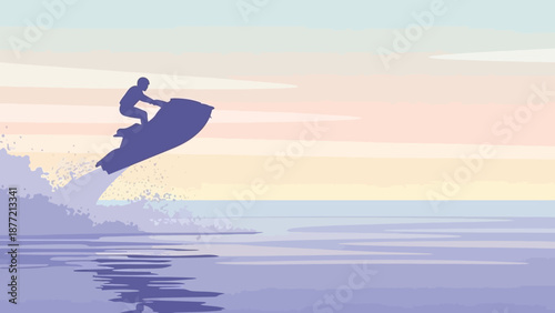 Man Riding Jet Ski in the Ocean at Sunset.