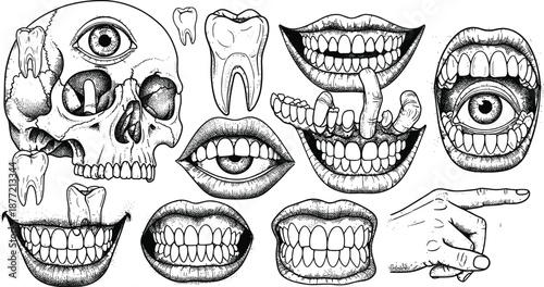 Black and white surreal anatomy illustration set, featuring skull with eye, stylized mouths, molars, pointing hand