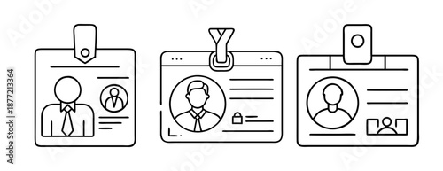 Line art employee ID badges with diverse clips and user profiles on white