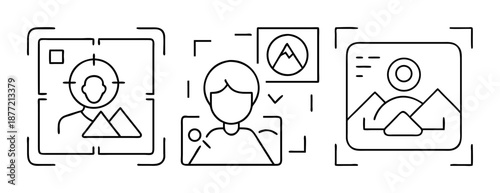 User profile, face detection, and image analysis line art icon set