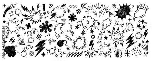 Comic effect icons. Cartoon doodle line comic pop bg. Smoke bubble, bomb, cloud fart element. Vector brush, crayon, marker hand drawn pop shape. Speech bubble, smoke effect, surprise, speed, boom bg