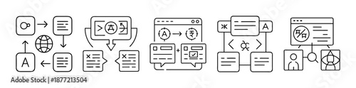 Isolated line art icons for translation, localization, and content