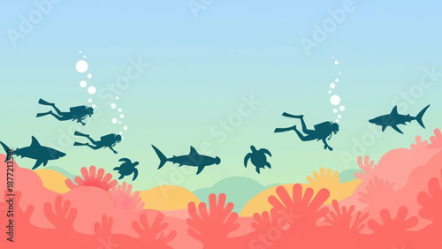 Underwater Scene with Divers and Marine Life.
