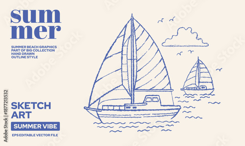 Sail boat sketch. Yacht sailboat hand drawn vector. Doodle ship, vintage Mediterranean sail boat. Sea drawing nautical sketch. Sea summer illustration. Ocean yacht line graphic. Old outline regatta bg