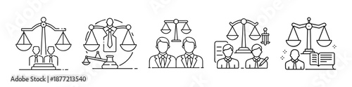Collection of legal justice line icons with lawyers and law symbols