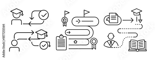 Educational and career journey concept with line art icons on white