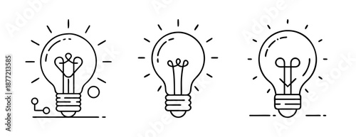 Three distinct line art light bulbs symbolizing innovation on a white