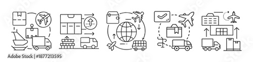 Modern line art icons illustrating global logistics and shipping processes