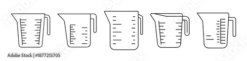 Collection of five different outlined measuring cups for cooking