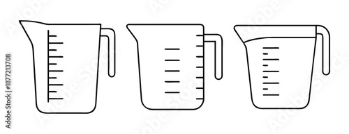 Set of three outline measuring cups with various scales and liquid fill