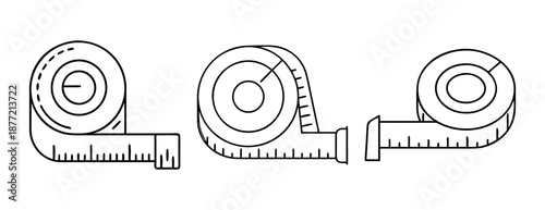 Three black outline flexible measuring tapes with scale on white