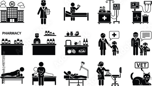 Medical and healthcare icon set featuring hospital buildings, doctors, pharmacy supplies, patient care, surgery, and veterinary services vector black silhouettes.
