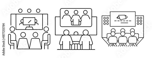 Line Art Illustrations of Various Meeting and Conference Scenarios