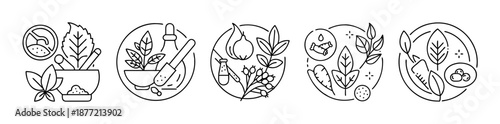 Line art icons depicting natural herbal medicine, organic ingredients