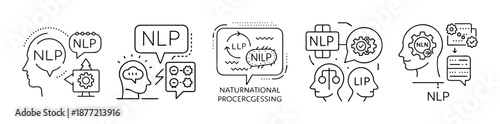 Line art icons illustrating Natural Language Processing and related