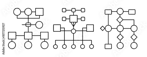 Diverse set of three black and white genetic pedigree charts on a white