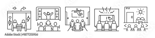 Set of five line art icons depicting interactive screen experiences