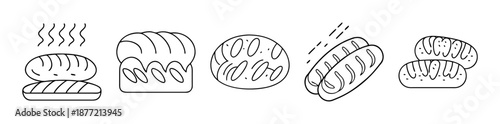 Collection of diverse line art bread and baked goods icons on white