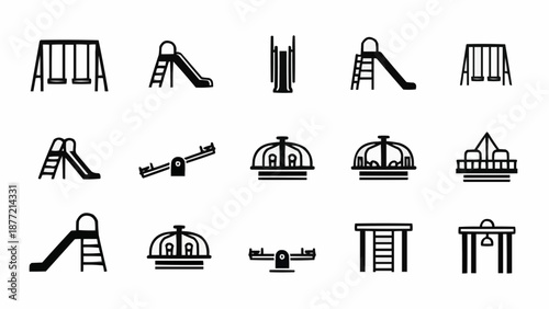 Collection of playground equipment icons in black and white.