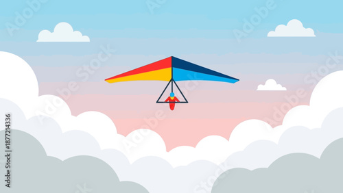 Colorful hang glider soaring through the clouds in a serene sky.