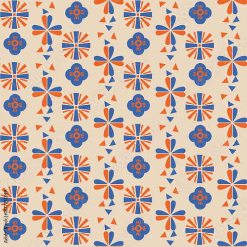 Abstract ethnic floral and geometric shapes seamless pattern in tribal.Colorful bright orange and blue.Beautiful folk boho texture background Design for fabric,textile,print product, wallpaper,decor.