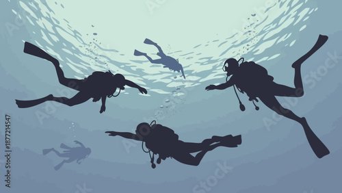 Scuba divers exploring underwater with silhouettes against blue ocean background.