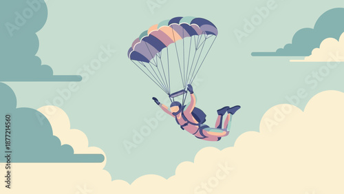 Parachutist Descending Through Clouds with Open Parachute.