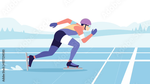 Speed Skater Racing on Frozen Track with Winter Landscape.