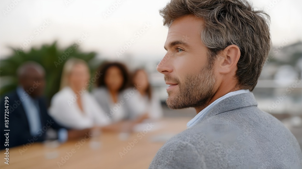 Naklejka premium A confident businessman looks away during an outdoor evening meeting with his diverse colleagues in the blurred background