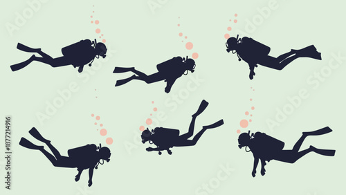 Group of scuba divers swimming underwater with bubbles.