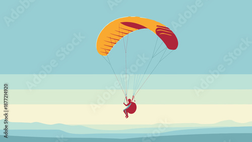 Paragliding Adventure Over Serene Landscape with Vibrant Parachute.