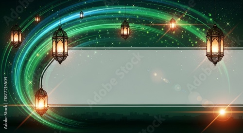 Lanterns illuminate green swirling frame with glowing lights around a blank space in a mystical ambiance 