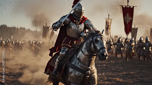 Knight Leading Army - A knight in full armor, helmet, and red cape rides a horse while brandishing a sword. He leads a large army into battle across a dusty field with banners.