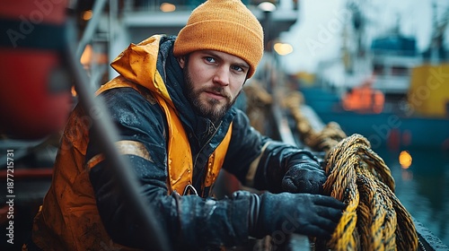 A rugged fisherman in a bright orange beanie and waterproof jacket grips thick rope on a dock at twilight with industrial boats blurred in the background under overcast skies.