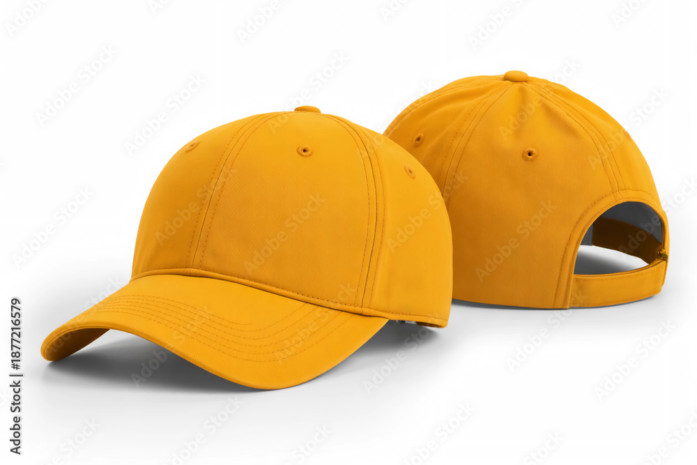 Fototapeta premium Two blank golden yellow baseball caps mockup displayed against white background