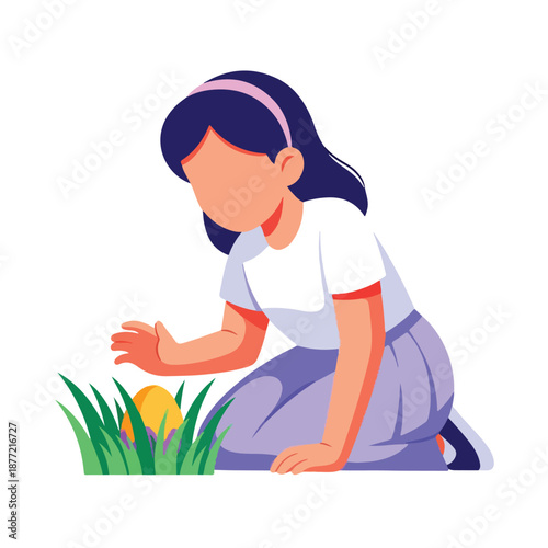 Girl searching for gold egg in grass. Mysterious, dreamy, nature, treasure, easter, scavenger hunt, hope, discovery, fantasy, whimsical, fantasythemed designs.