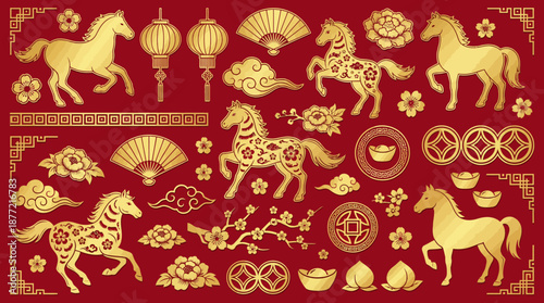 Chinese New Year vector icons with golden horses, lanterns, lotus, plum blossoms, coins, fans, clouds — perfect for festive zodiac designs and prosperity themes