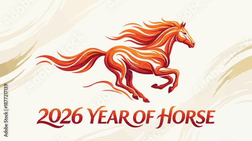 2026 Year of the Horse vector design with golden typography, zodiac animal illustration, festive greeting — perfect for Chinese New Year cards and celebration graphics