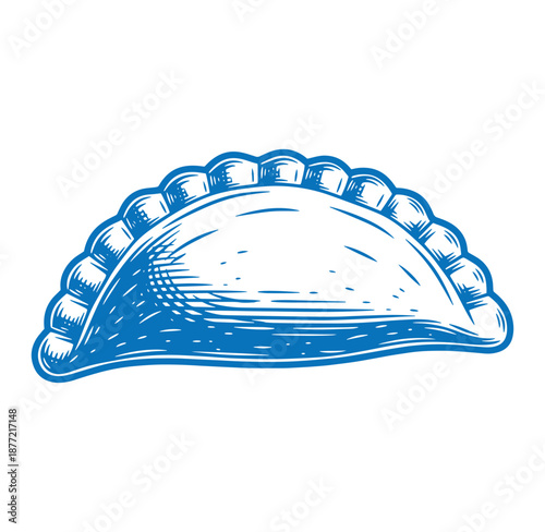 A blue and white illustration of a traditional empanada pastry isolated on a transparent background