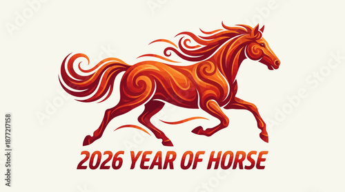 2026 Year of the Horse vector design with golden typography, zodiac animal illustration, festive greeting — perfect for Chinese New Year cards and celebration graphics