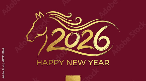 2026 Year of the Horse vector design with golden typography, zodiac animal illustration, festive greeting — perfect for Chinese New Year cards and celebration graphics