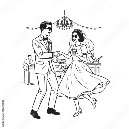 Retro Wedding Couple Dancing at Party with Sunglasses.