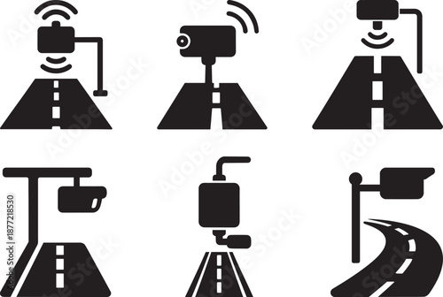 Smart road surveillance camera and traffic monitoring sensor icons set for intelligent transport system. Ideal for transportation, urban management, AI technology, innovation, traffic safety
